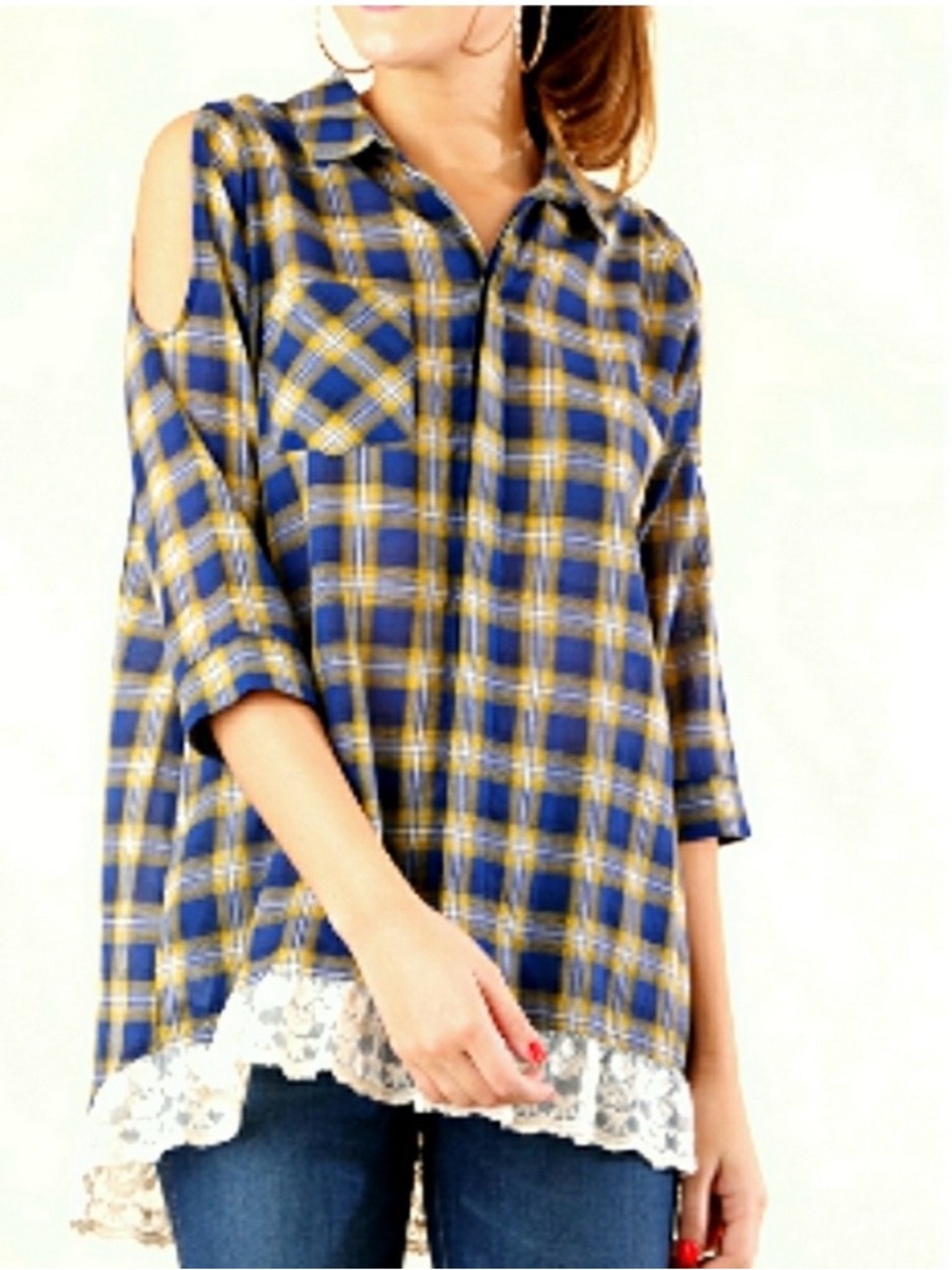 Umgee Blue & Yellow Cold-Shoulder Plaid Tunic with Lace Hem